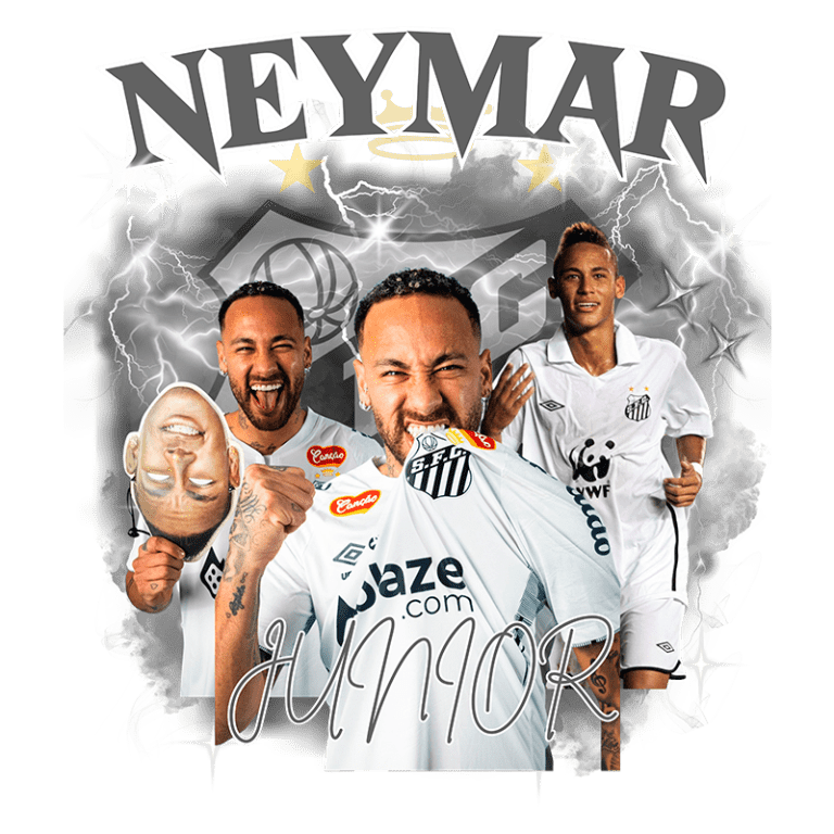 Imagem de Neymar Jr., jogador brasileiro de futebol, com várias poses, usando o uniforme do Santos FC. O fundo apresenta elementos gráficos como raios e estrelas, destacando seu nome e a equipe.