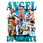 Collagem de Ángel Di María, jogador argentino, celebrando conquistas com a seleção. Inclui imagens do jogador levantando a taça da Copa do Mundo, interagindo com outros atletas como Messi e revelando emoção após as vitórias. Ideal para fãs de futebol e seguidores da seleção da Argentina.