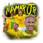 Imagem de Neymar Jr. em destaque, vestindo a camisa amarela da seleção brasileira. Ele aparece em várias poses, sorrindo e celebrando, com o número 10 estampado na camiseta. O fundo é decorado com elementos brilhantes que ressaltam sua importância no futebol.