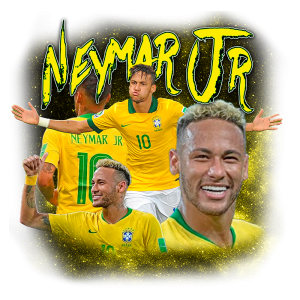 Imagem de Neymar Jr. em destaque, vestindo a camisa amarela da seleção brasileira. Ele aparece em várias poses, sorrindo e celebrando, com o número 10 estampado na camiseta. O fundo é decorado com elementos brilhantes que ressaltam sua importância no futebol.