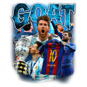 Imagem destacando Lionel Messi, ícone do futebol, com várias representações, incluindo sua celebração de títulos, como a Copa América. O texto "GOAT" está visível, simbolizando sua posição como um dos maiores jogadores da história do esporte.