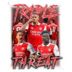 Imagem promocional do time de futebol Arsenal, destacando os jogadores Gabriel Jesus, Gabriel Martinelli e Bukayo Saka, com a frase "Triple Threat". Eles estão vestidos com uniformes vermelhos do Arsenal, em um fundo vibrante.