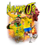 Imagem de Neymar Jr, jogador de futebol brasileiro, em ação, usando a camisa amarela da seleção. O design inclui elementos como chamas e movimentos dinâmicos, destacando sua habilidade e paixão pelo esporte. Também apresenta sua assinatura estilizada na parte inferior.