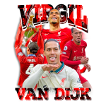Imagem de Virgil van Dijk, jogador do Liverpool FC, em destaque. Ele aparece comemorando títulos, fazendo gestos com a mão e vestindo diferentes uniformes do clube. O fundo apresenta elementos de design vibrantes que ressaltam sua importância no futebol.