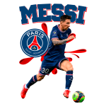 Jogador Lionel Messi em ação com a camisa do Paris Saint-Germain, destacando-se no futebol francês, com o logo do clube ao fundo e uma bola de futebol.