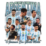 Imagem comemorativa da seleção argentina de futebol, destacando jogadores em ação e comemorando, com o título "ARGENTINA" em destaque e a frase "O Juremos Con Gloria Morir" abaixo.