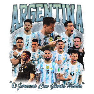 Imagem comemorativa da seleção argentina de futebol, destacando jogadores em ação e comemorando, com o título "ARGENTINA" em destaque e a frase "O Juremos Con Gloria Morir" abaixo.