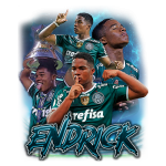 Imagem do jogador Endrick, destaque do Palmeiras, com várias poses celebrando conquistas. O fundo azul e a arte vibrante enfatizam seu talento e carisma no futebol.