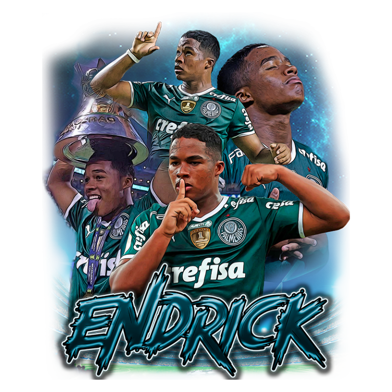 Imagem do jogador Endrick, destaque do Palmeiras, com várias poses celebrando conquistas. O fundo azul e a arte vibrante enfatizam seu talento e carisma no futebol.