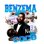 Imagem celebrando Karim Benzema, jogador de futebol da equipe do Real Madrid, com destaque para sua conquista da Bola de Ouro. A arte inclui várias poses do jogador, seu número 9 e referências ao título "Nueve Coco".