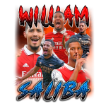 Imagem com William Saliba, zagueiro do Arsenal, em diversas poses comemorativas e expresivas. Saliba é destacado em um fundo vibrante com cores quentes, mostrando sua paixão e entusiasmo pelo futebol. Ideal para ilustrar a carreira e os momentos marcantes do jogador.