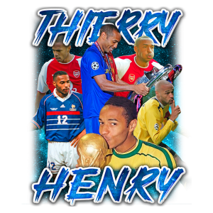 Imagem de Thierry Henry, ícone do futebol, em várias poses destacando sua carreira. Inclui momentos de sua passagem pelo Arsenal, seleção francesa e conquistas como a taça da Copa do Mundo. Fundo com cores vibrantes e destaque para seu nome em letras estilizadas.