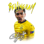 Bellingham com a camisa do Borussia Dortmund, expressando emoção em campo, com a assinatura ao lado e o logo da UEFA Champions League.