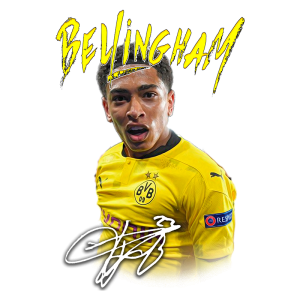 Bellingham com a camisa do Borussia Dortmund, expressando emoção em campo, com a assinatura ao lado e o logo da UEFA Champions League.