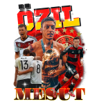 Montagem de Mesut Özil, jogador de futebol alemão, segurando a Copa do Mundo, com destaque para seus companheiros de equipe, incluindo Thomas Müller, em fundo que retrata o emblema da seleção alemã.
