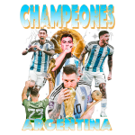 Imagem comemorativa dos campeões da Argentina, destacando jogadores famosos como Lionel Messi, celebrando a vitória na Copa do Mundo. A arte inclui elementos visuais vibrantes e troféus, simbolizando o sucesso da equipe argentina no futebol.