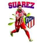 Luis Suárez comemorando um gol com a camisa do Atlético de Madrid, vestido com o uniforme vermelho e branco da equipe, enquanto a logo do clube aparece ao lado.
