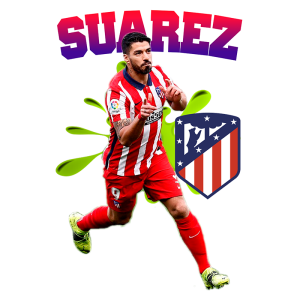 Luis Suárez comemorando um gol com a camisa do Atlético de Madrid, vestido com o uniforme vermelho e branco da equipe, enquanto a logo do clube aparece ao lado.