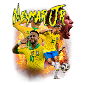 Imagem de Neymar Jr. jogando futebol, vestindo a camisa amarela da seleção brasileira, em ação no campo, com elementos de fogo em fundo vibrante.