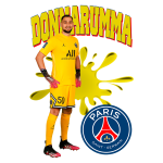Jogador Gianluigi Donnarumma, goleiro do Paris Saint-Germain, vestindo uniforme amarelo, com luvas de goleiro e número 50, posando diante de um fundo vibrante com o logotipo do PSG.