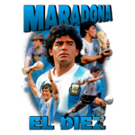 Imagem homenageando Diego Maradona, ícone do futebol argentino, com várias poses dele, incluindo momentos de celebração e conquista da Copa do Mundo, destacando sua importância no esporte.