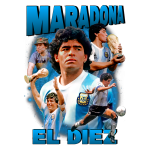 Imagem homenageando Diego Maradona, ícone do futebol argentino, com várias poses dele, incluindo momentos de celebração e conquista da Copa do Mundo, destacando sua importância no esporte.