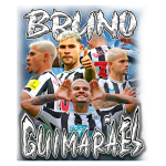 Imagem do jogador Bruno Guimarães em ação, apresentando diferentes expressões e gestos, enquanto veste a camisa do Newcastle United. O fundo destaca a emoção do futebol, com foco na identificação do jogador.