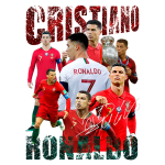 Imagem de Cristiano Ronaldo em várias poses, vestindo o uniforme da seleção de Portugal, com a taça de vitória ao fundo. O design inclui elementos gráficos em homenagem ao jogador e destaca seu número 7.