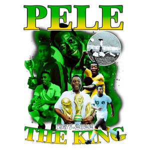 Imagem em homenagem a Pelé, o rei do futebol, destacando momentos marcantes de sua carreira e conquistas, incluindo troféus e ações memoráveis, com as datas de 1957 a 2022.