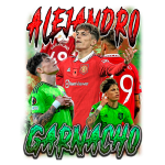 Imagem digital de Alejandro Garnacho, jogador do Manchester United, apresentando várias poses. O fundo contém cores vibrantes e elementos gráficos, acentuando a letra do nome "Garnacho". A imagem captura a paixão e a energia do futebol, destacando a personalidade do atleta.