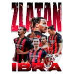 Imagem estilizada de Zlatan Ibrahimović, jogador do AC Milan, destacando várias poses do atleta. O fundo contém seu nome em letras grandes e vibrantes, simbolizando seu impacto no futebol.