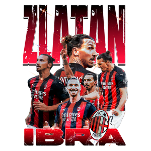 Imagem estilizada de Zlatan Ibrahimović, jogador do AC Milan, destacando várias poses do atleta. O fundo contém seu nome em letras grandes e vibrantes, simbolizando seu impacto no futebol.