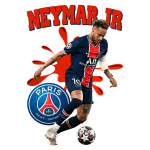 Imagem de Neymar Jr. em ação com a camisa do Paris Saint-Germain, destacando o logotipo do clube e elementos gráficos de fundo. O jogador, identificado pelo número 10, está se preparando para chutar uma bola de futebol, simbolizando sua habilidade e desempenho no esporte.