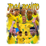 Jogadores de futebol brasileiros famosos em destaque, incluindo Neymar e Ronaldinho, celebrando momentos de vitória. Fundo amarelo vibrante com a frase "Joga Bonito", representando a alegria e a habilidade do futebol brasileiro.