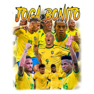 Jogadores de futebol brasileiros famosos em destaque, incluindo Neymar e Ronaldinho, celebrando momentos de vitória. Fundo amarelo vibrante com a frase "Joga Bonito", representando a alegria e a habilidade do futebol brasileiro.