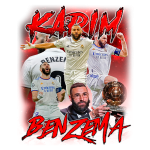 Imagem de Karim Benzema, jogador do Real Madrid, destacando suas conquistas e performances. O design inclui várias poses dele em ação, além de um retrato em trajes formais segurando um troféu, com fundo vermelho vibrante e o nome "Benzema" em destaque.