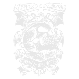 Desenho artístico do logotipo da banda Avenged Sevenfold, apresentando uma caveira com asas de morcego e a frase "Hail to The King" em destaque, em um fundo verde. Ideal para fãs de rock e metal.