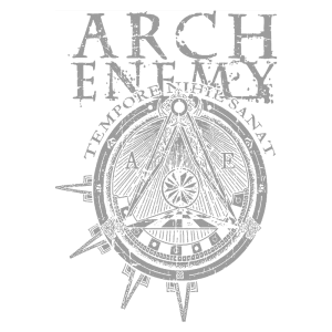 Arte de capa da banda Arch Enemy, apresentando um design com símbolo geométrico e a frase "TEMPOR ENIT SANAT". Ideal para fãs de metal e cultura musical.