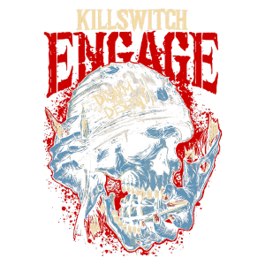 Imagem da arte da banda Killswitch Engage, apresentando uma caveira estilizada com um capacete e elementos gráficos em azul e vermelho, acompanhada do título "Disarm the Descent".