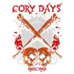 Design gráfico com o título "Cory Days", apresentando elementos de arte gótica, incluindo dois crânios, armas cruzadas e detalhes em vermelho e laranja, simbolizando uma temática sombria e ousada.