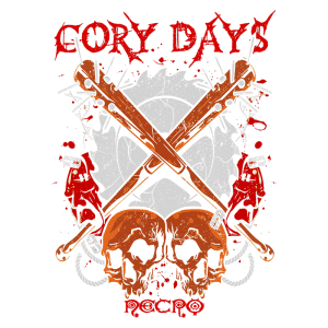 Design gráfico com o título "Cory Days", apresentando elementos de arte gótica, incluindo dois crânios, armas cruzadas e detalhes em vermelho e laranja, simbolizando uma temática sombria e ousada.