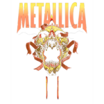 Logotipo da banda Metallica com uma arte de crânio estilizado, destacando dentes afiados e detalhes em chamas, sobre um fundo escuro.