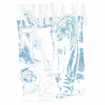 Imagem estilizada de Kurt Cobain, vocalista da banda Nirvana, com uma guitarra, destacando o nome "Nirvana" e a assinatura de Cobain. A arte é predominantemente em tons de azul sobre fundo verde.