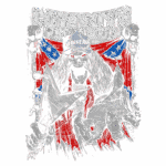 Ilustração de uma figura esquelética com cabelo longo, vestindo um chapéu e uma camiseta, segurando uma faca e fazendo um gesto ameaçador, com uma bandeira confederada ao fundo. O texto em destaque é "Cowboys from Hell". Este design combina elementos de cultura rock e uma estética sombria.