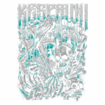 Imagem com design gráfico sombrio apresentando um pássaro sobre uma caveira, teclado e elementos de temática gótica, ideal para camisetas de estilo alternativo.