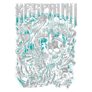 Imagem com design gráfico sombrio apresentando um pássaro sobre uma caveira, teclado e elementos de temática gótica, ideal para camisetas de estilo alternativo.