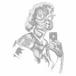 Imagem de uma mulher com maquiagem estilo "calavera", segurando um celular e tirando uma selfie, com tatuagens visíveis no braço e pescoço, destacando um visual ousado e moderno.