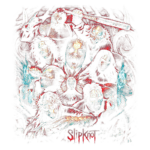 Imagem ilustrativa representando figuras sombrias e assustadoras, com elementos de horror e fantasia, incluindo rostos distorcidos, palhaços e detalhes de chamas e escuridão, evocando a estética do heavy metal da banda Slipknot.