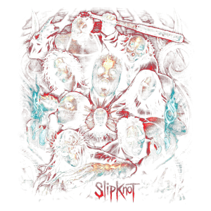 Imagem ilustrativa representando figuras sombrias e assustadoras, com elementos de horror e fantasia, incluindo rostos distorcidos, palhaços e detalhes de chamas e escuridão, evocando a estética do heavy metal da banda Slipknot.
