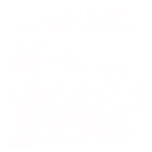 Imagem em preto e branco da banda virtual Gorillaz, com os quatro personagens principais: 2-D, Murdoc, Noodle e Russel, em poses icônicas, destacando seu estilo único e vibrante. O nome "Gorillaz" está escrito em letras grandes e descontraídas no topo.